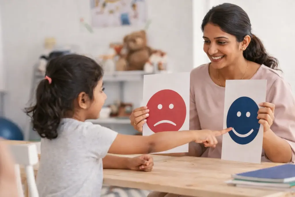 Pediatric Behavioral Therapy in Chennai with an Indian therapist helping a child identify emotions using visual cards.